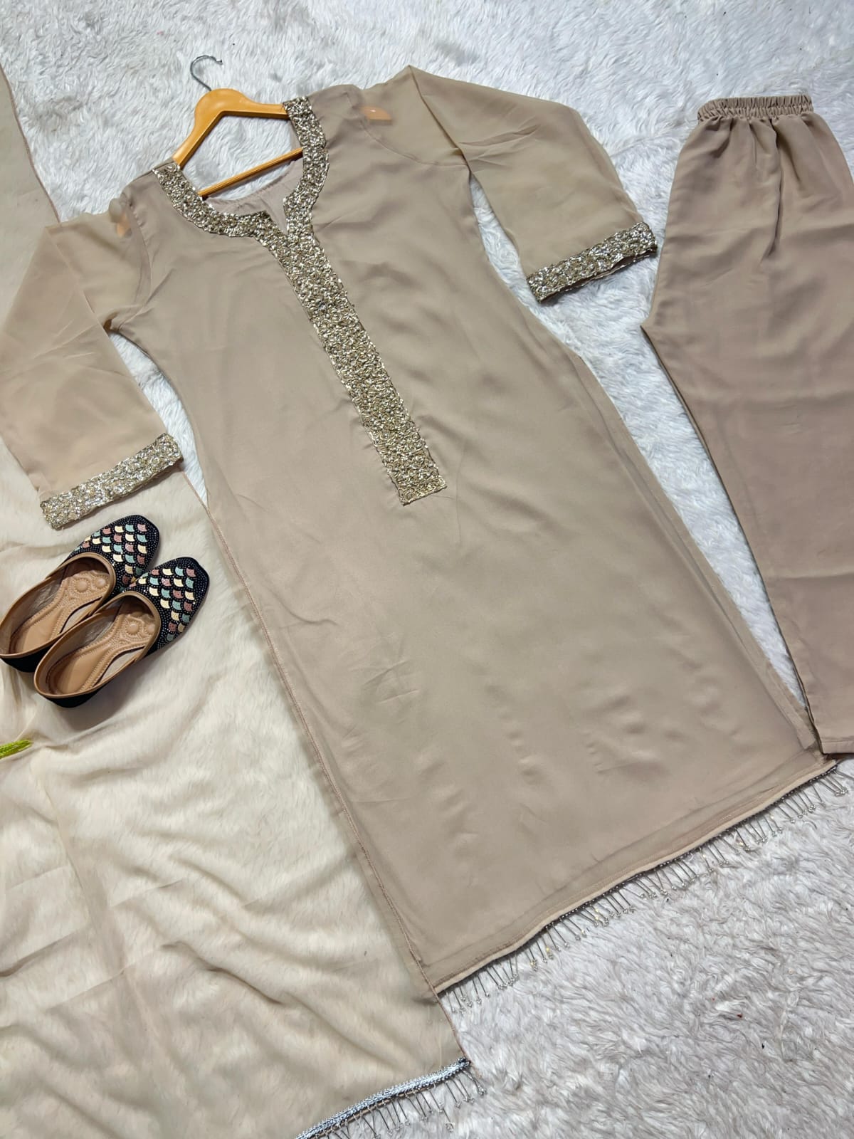 DESIRABLE FANCY GEORGET HAND WORK WOMENS 3 PIECE SET (1150) LIGHT BROWN
