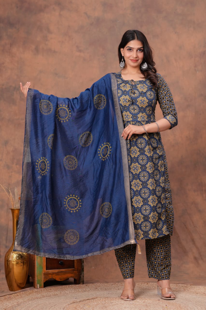 WOMES PARTY WEAR AND FORMAL ALL TIME SUITED KURTIS 3 PIECE SET FOR WOMENS (ROYAL)