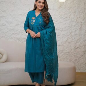 WOMES PARTY WEAR AND FORMAL ALL TIME SUITED KURTIS 3 PIECE SET FOR WOMENS (ROYAL)