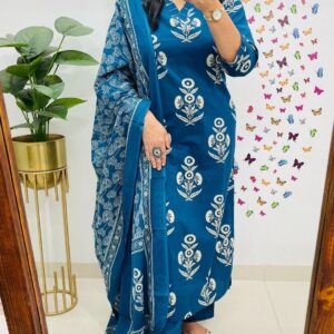 WOMES PARTY WEAR AND FORMAL ALL TIME SUITED KURTIS 3 PIECE SET FOR WOMENS (ROYAL)